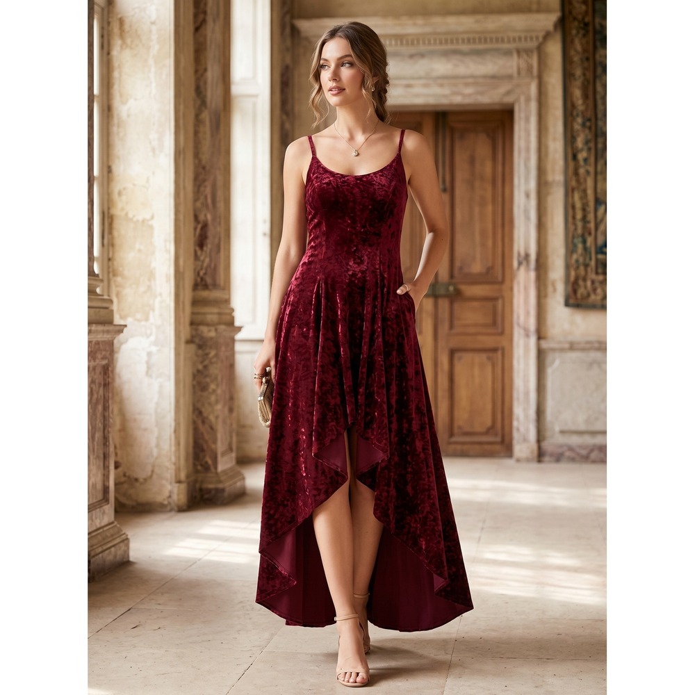 Contempo Casuals Dress Women's Small Burgundy Velvet High Low Open Back